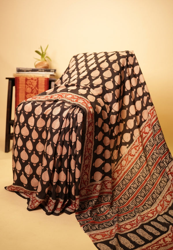 Black Butta Bagru Hand Block Print Modal Saree