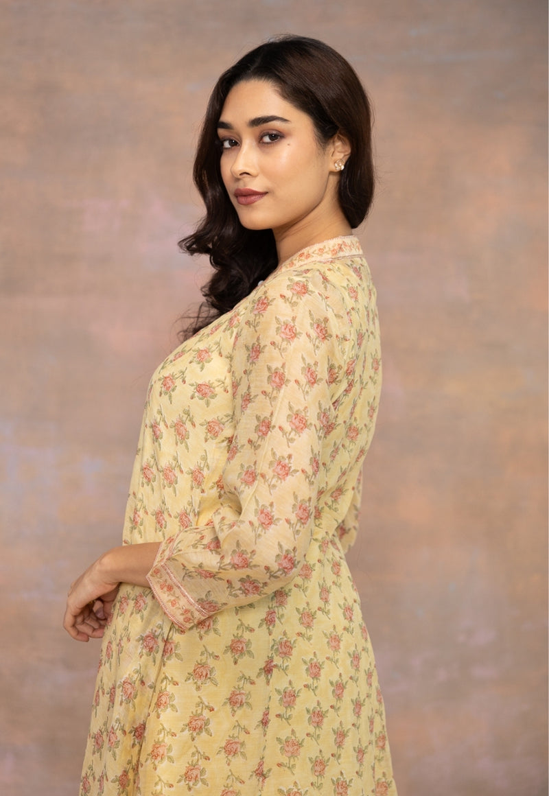 Rosa Yellow Sanganeri Chanderi Silk Kali Kurta
