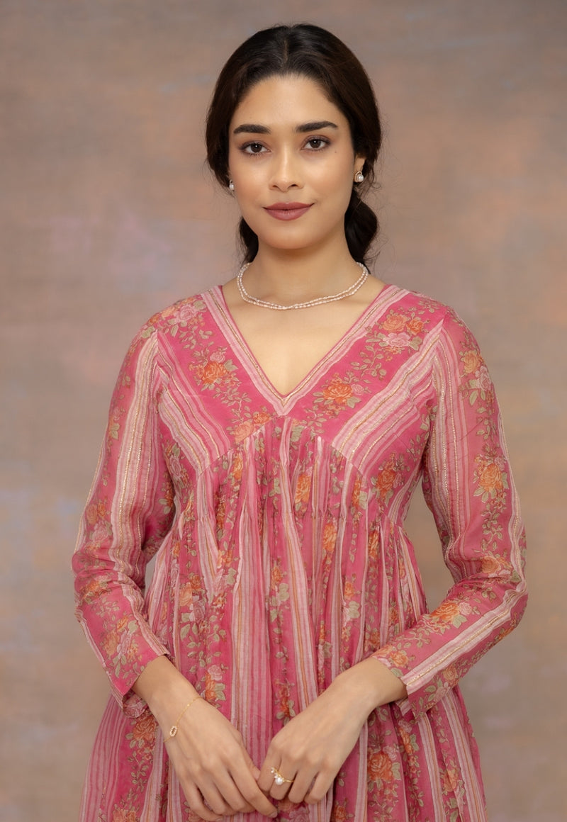 Rooz Pink Sanganeri Chanderi Silk A Line Kurta with Lace Detailing