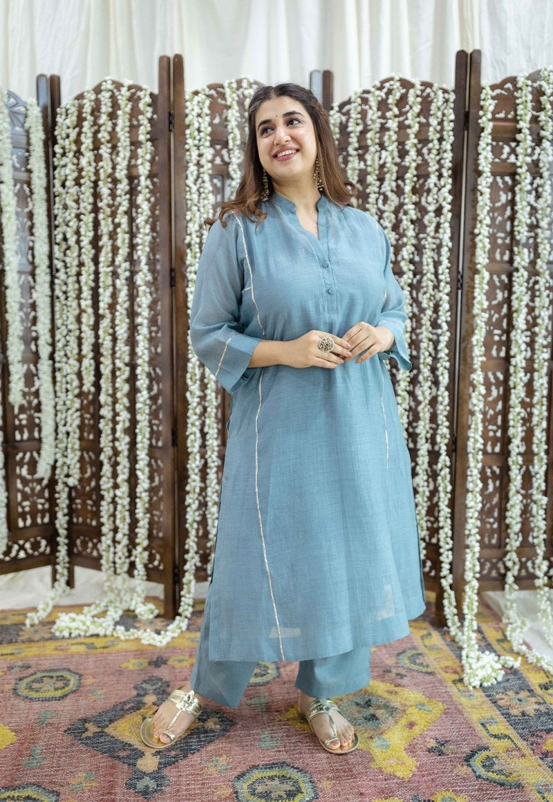 Tarani Light Blue Jhabba Kali Chanderi Silk Gota Patti Kurta Set (Set of 3)