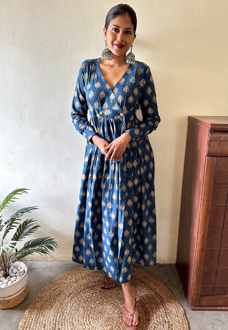 Aashvi Blue Wrap Around Slub Cotton Dabu Dress
