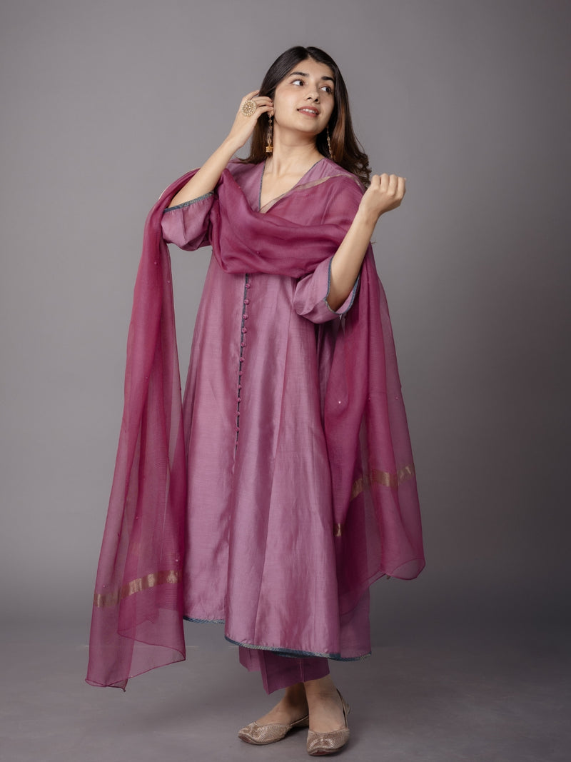 Deepa Purple Solid Chanderi Silk Kali Kurta with Hand Embroidery