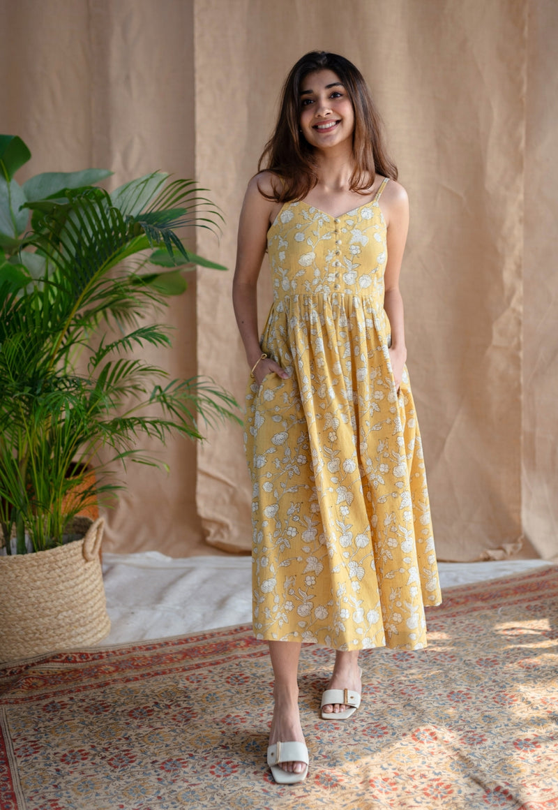 Eliya Yellow A Line Dabu Slub Cotton Dress