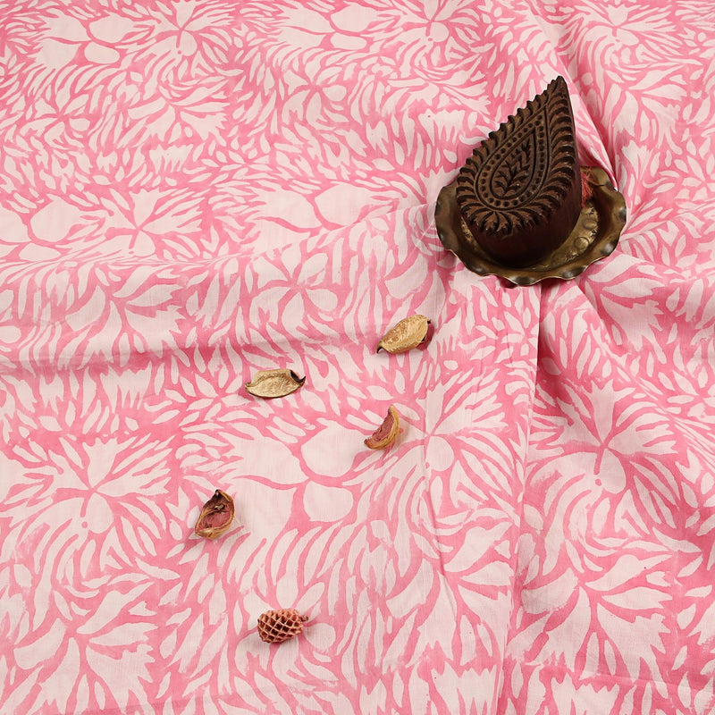 Pink White Flowers Sanganeri Handblock Print Cotton Fabric
