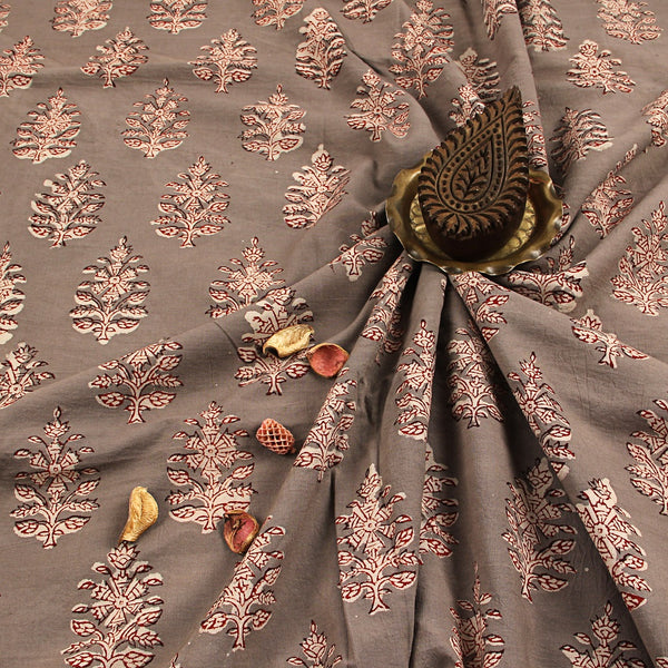 Ceder Brown Pan Floral Bagru Dabu Hand Block Printed Cotton Fabric