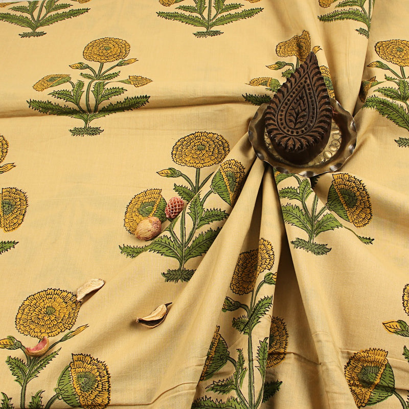 Yellow Marigold Floral Sanganeri Handblock Print Cotton Fabric
