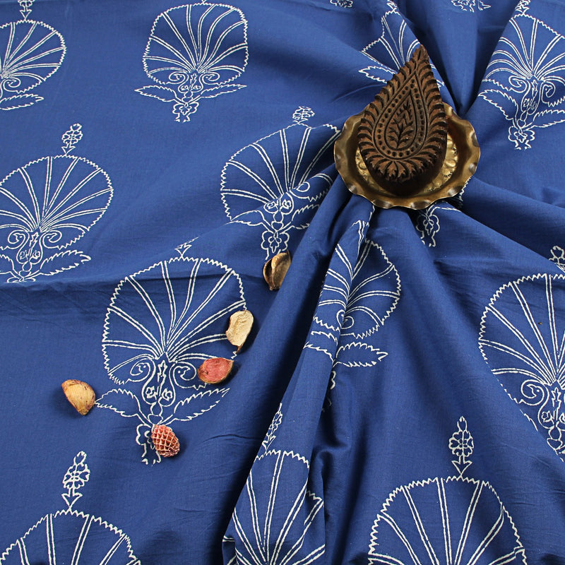 Indigo Peacock Flower Sanganeri Handblock Print Cotton Fabric