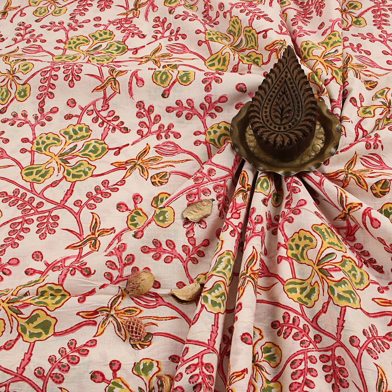Yellow Periwinkle Flower Sanganeri Handblock Print Cotton Fabric