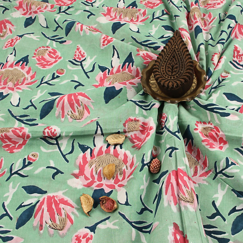 Pink Flower Sanganeri Handblock Print Cotton Fabric