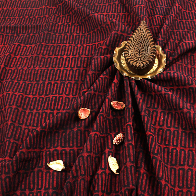 Red Geometric Dabu Hand Block Print Cotton Fabric