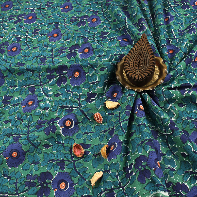 Blue Petunia Floral Sanganeri Handblock Print Cotton Fabric