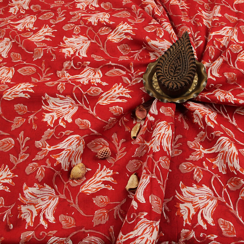 Red Floral Jaal Sanganeri Handblock Print Cotton Fabric