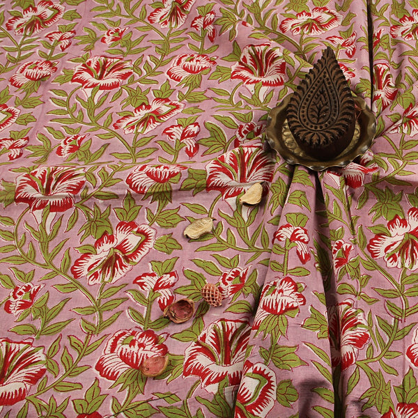 Red Hibiscus Sanganeri Handblock Print Cotton Fabric
