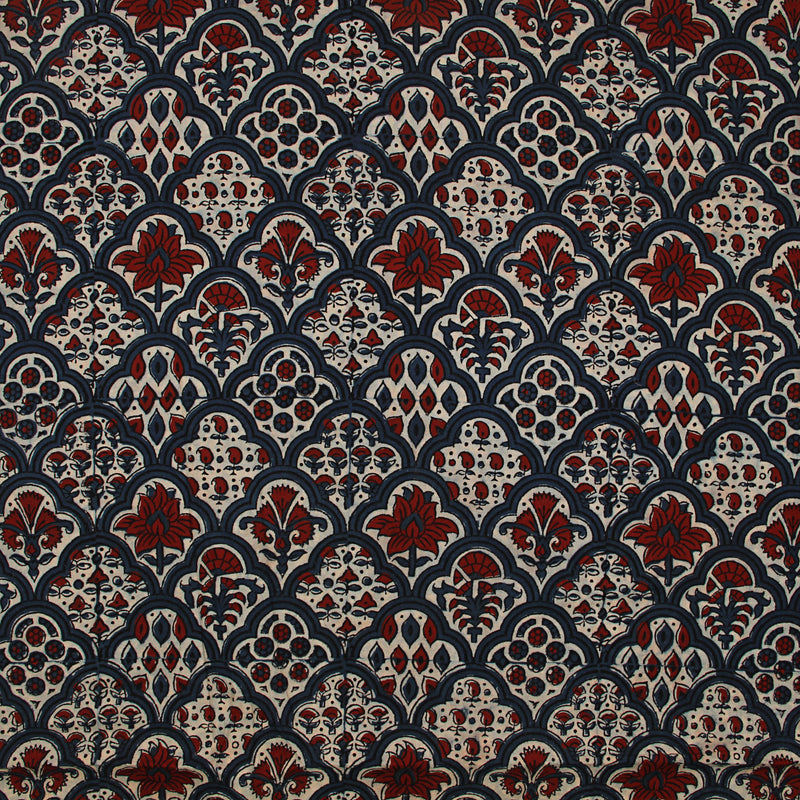 Blue Floral Ajrakh Hand Block Print Cotton Fabric