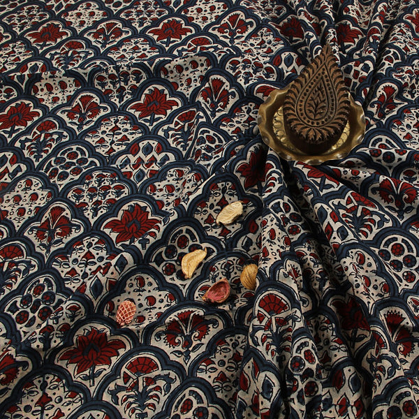 Red Floral Ajrakh Hand Block Printed Cotton Fabric