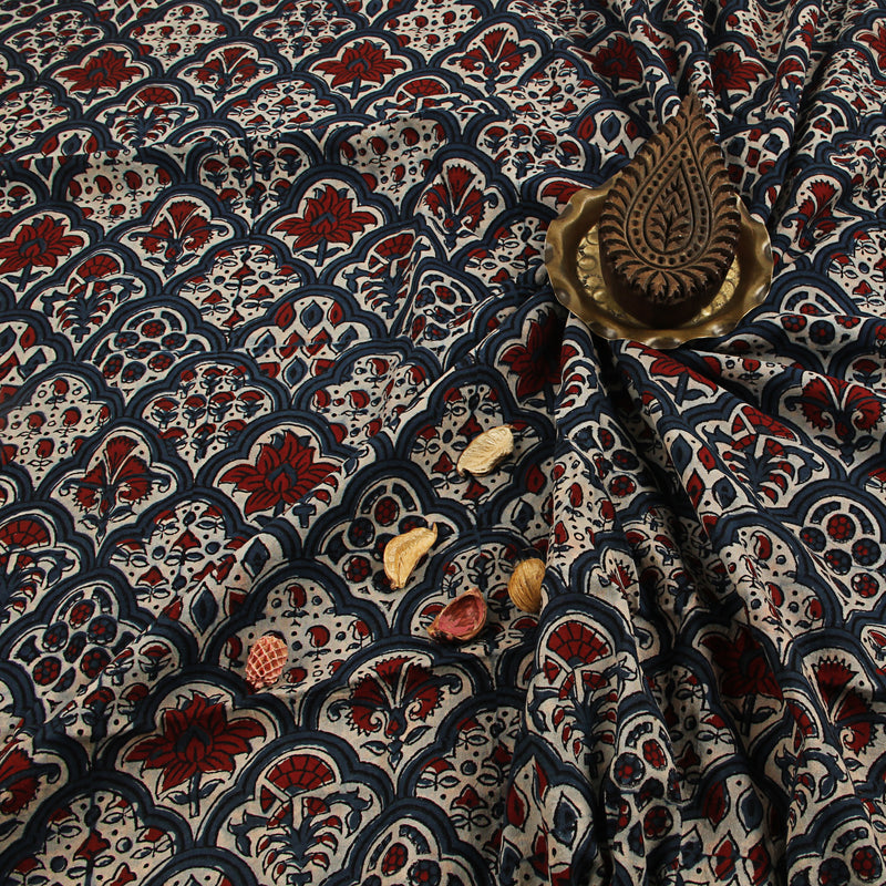 Blue Floral Ajrakh Hand Block Print Cotton Fabric