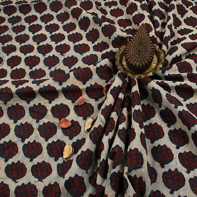 Red Indigo Lotus Ajrakh Hand Block Printed Cotton Fabric