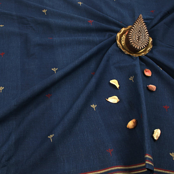 Indigo Butti Handspun Handwoven Jamdani Cotton Fabric