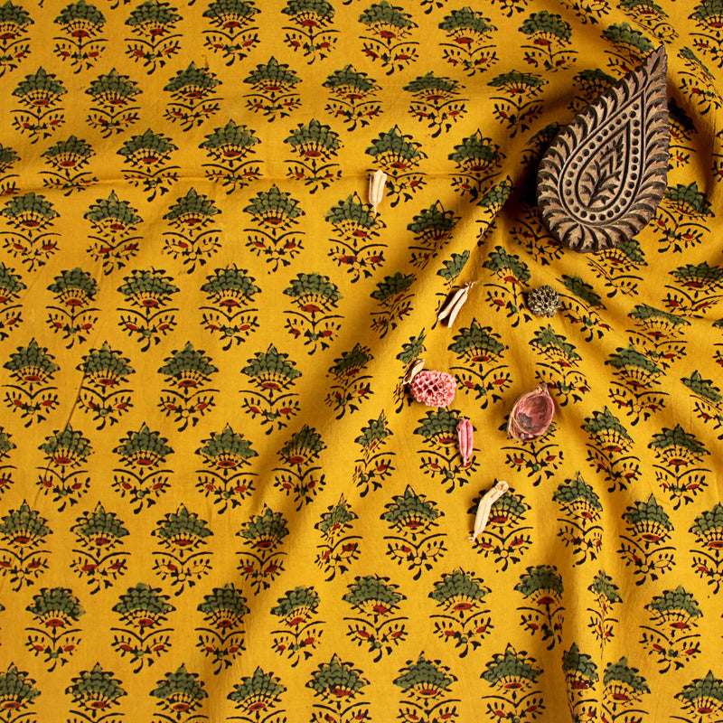Yellow Butta Ajrakh Hand Block Print Cotton Fabric