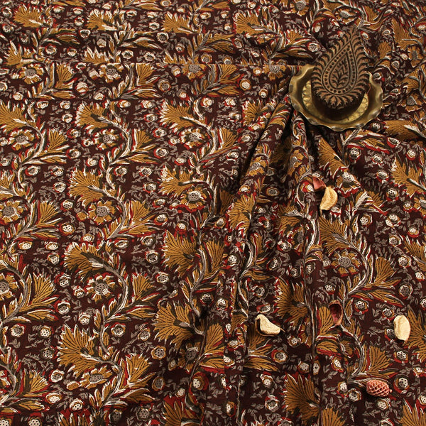 Mustard Floral Jaal Kalamkari Handblock Print Cotton Fabric
