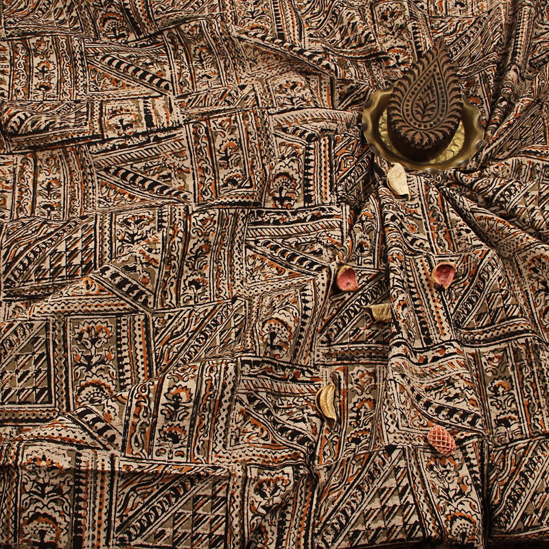 Black Mustard Geometrical Pattern Kalamkari Hand Block Printed Cotton Fabric