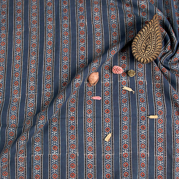 Blue Floral Ajrakh Hand Block Print Cotton Fabric
