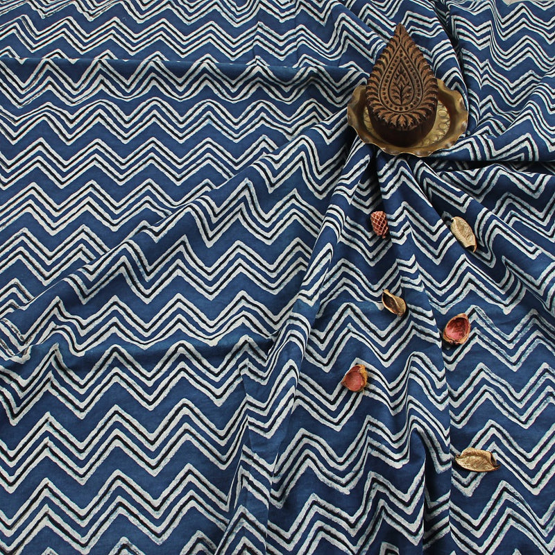Blue Geometric Dabu Hand Block Print Cotton Fabric