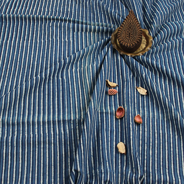 Blue Stripes Dabu Hand Block Print Cotton Fabric