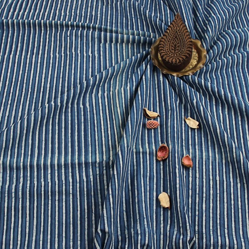 Blue Stripes Dabu Hand Block Print Cotton Fabric