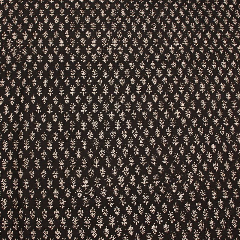 Black Small Floral Butti Fadat Hand Block Printed Cotton Fabric