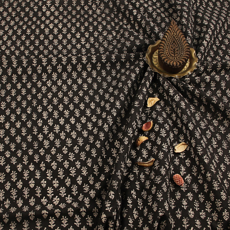 Black Small Floral Butti Fadat Hand Block Printed Cotton Fabric