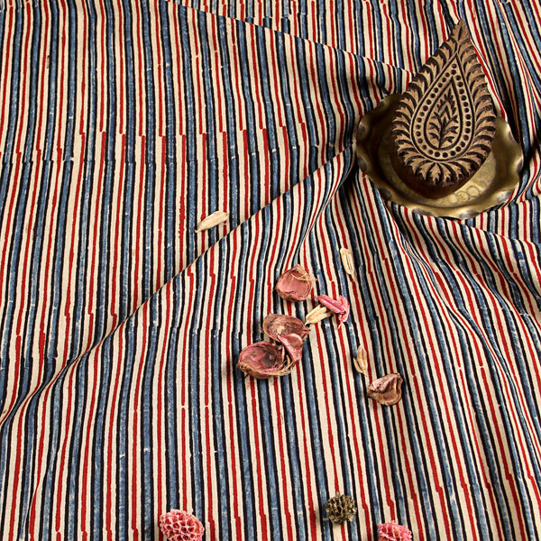 Multi Stripes Ajrakh Hand Block Print Cotton Fabric