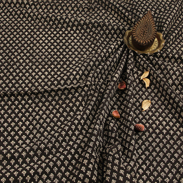 Black Small Floral Butti Fadat Hand Block Printed Cotton Fabric