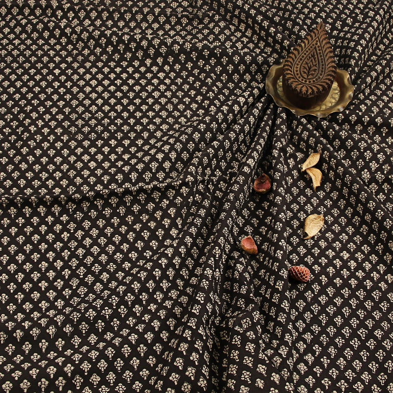 Black Small Floral Butti Fadat Hand Block Printed Cotton Fabric