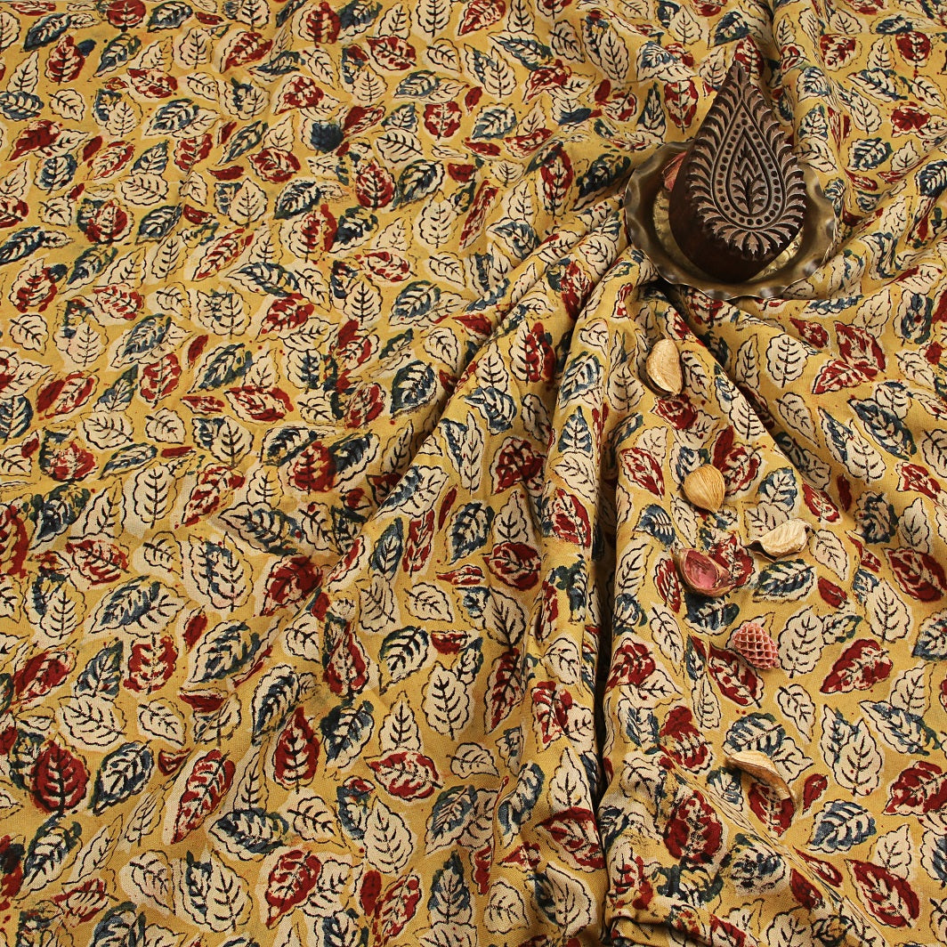 Yellow Indigo Leaf Jaal Kalamkari Hand Block Printed Rayon Fabric THE