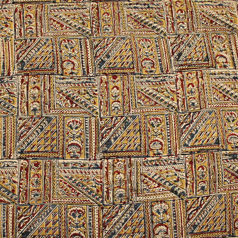 Yellow Geometric Pattern Kalamkari Hand Block Printed Rayon Fabric