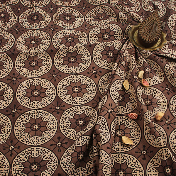 Circular Pattern Brown Ajrakh Hand Block Printed Cotton Fabric