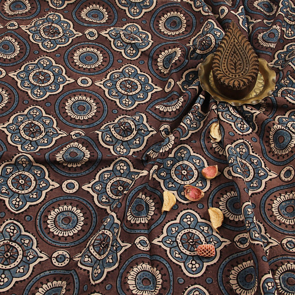 Brown Geometric Ajrakh Hand Block Printed Cotton Fabric