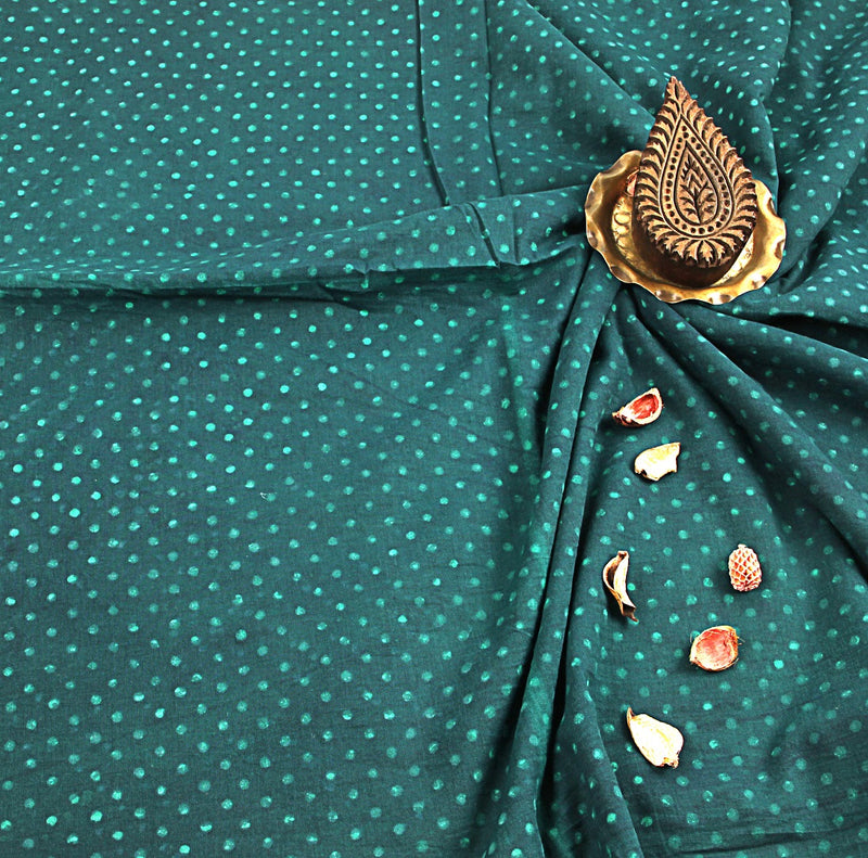 Green Dotted Dabu Hand Block Printed Cotton Fabric