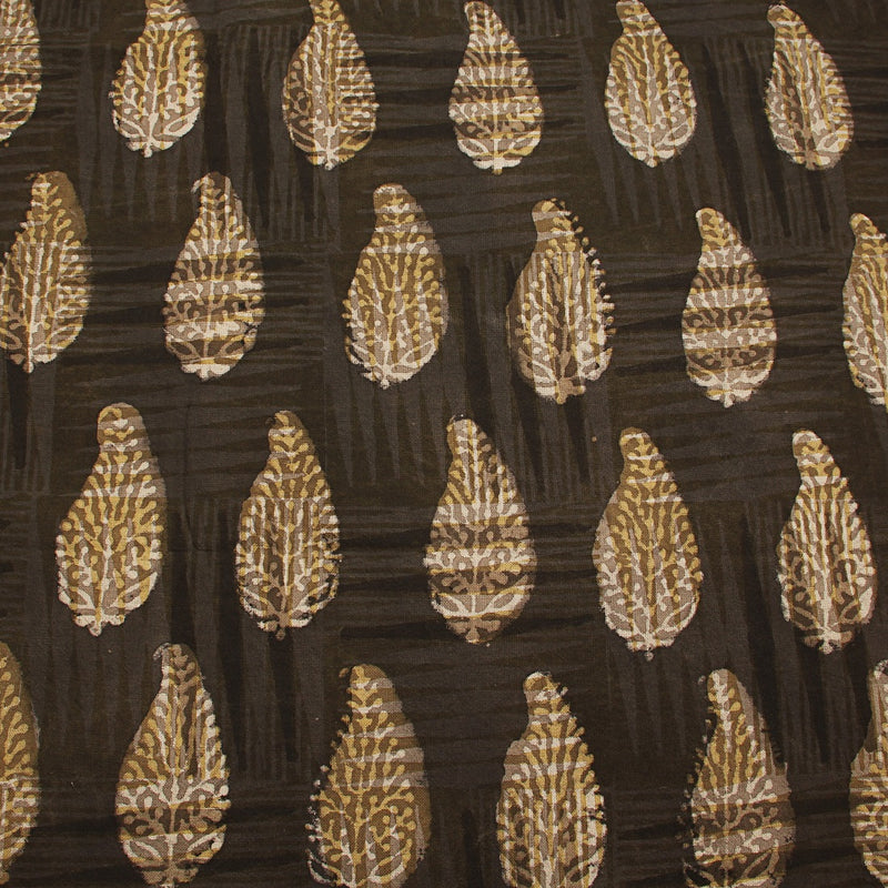 Grey Paisley Leaf Butta Bagru Dabu Hand Block Printed Cotton Fabric