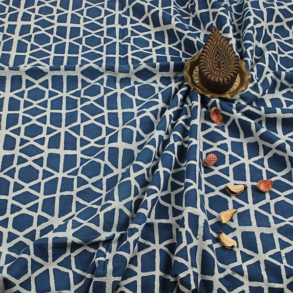 Blue Geometric Dabu Hand Block Print Cotton Fabric
