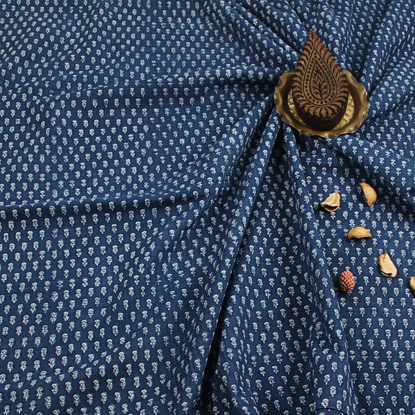 Blue Butti Dabu Hand Block Print Cotton Fabric