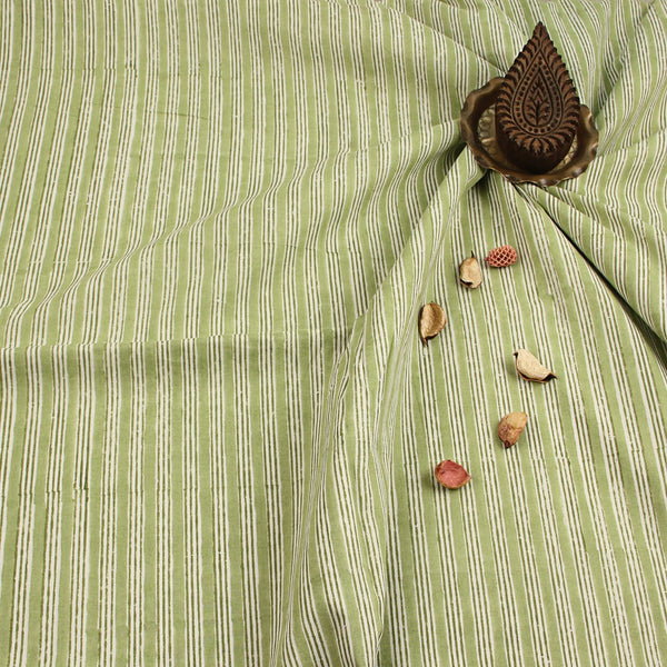 Olive Lines Sanganeri Handblock Print Cotton Fabric