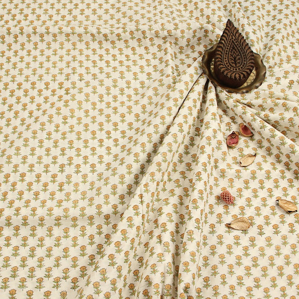 Orange Floral Sanganeri Handblock Print Cotton Fabric