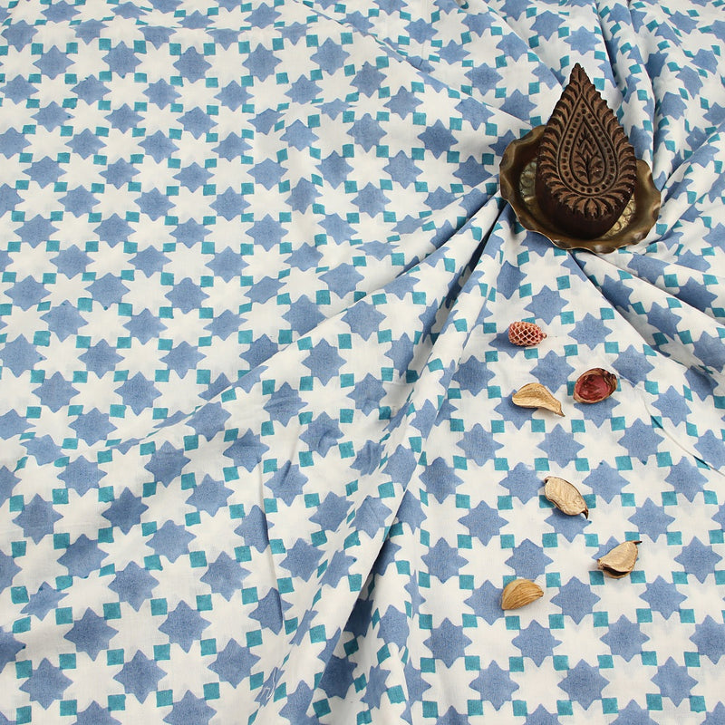 White Star Floral Sanganeri Handblock Print Cotton Fabric