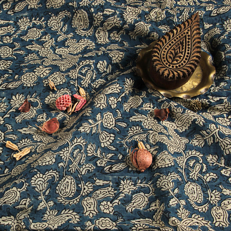 Blue Floral Jaal Kalamkari Hand Block Print Cotton Fabric