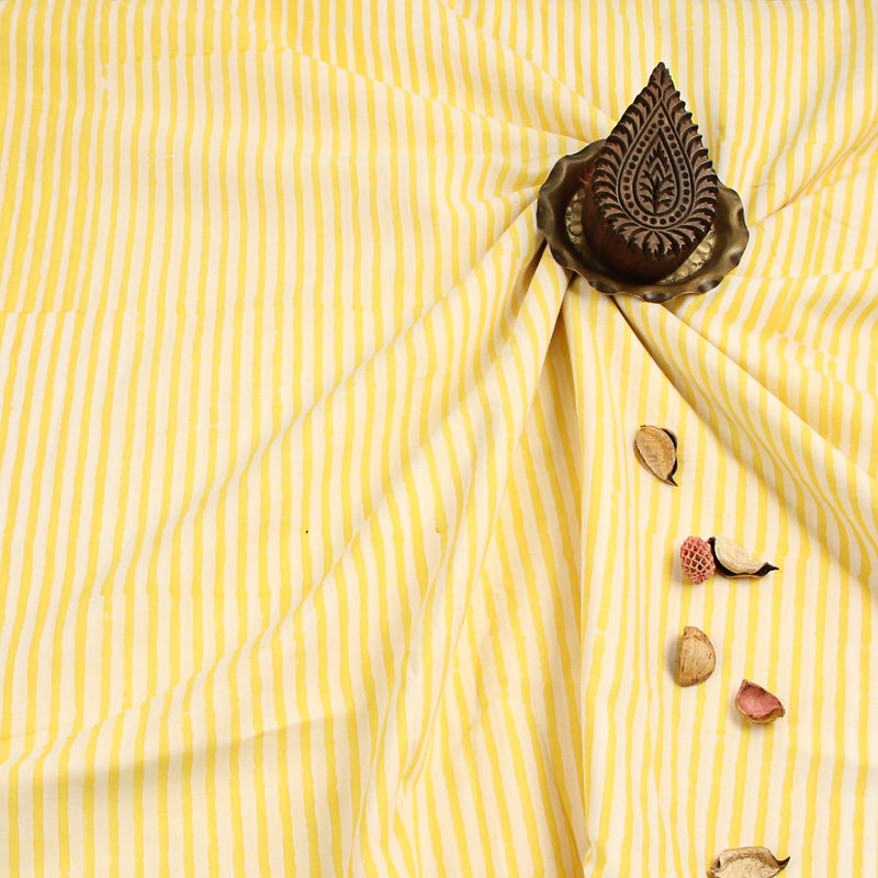 Yellow White Lines Sanganeri Handblock Print Cotton Fabric