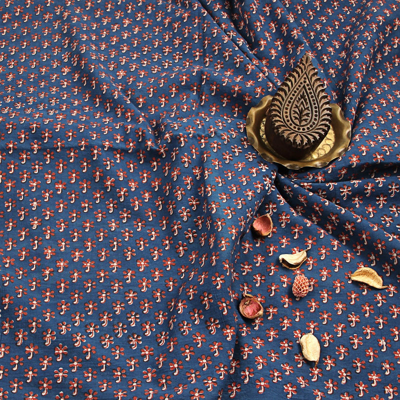 Small Orange Floral Butti Fadat Hand Block Printed Cotton Fabric