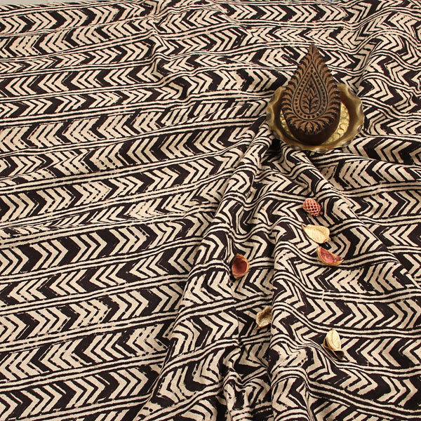Blue Arrow Border Kalamkari Handblock Print Cotton Fabric