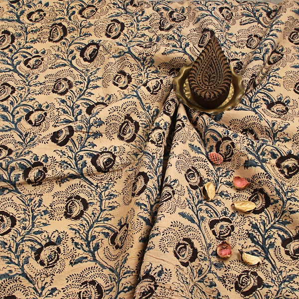 Black Rose Floral Jaal Kalamkari Handblock Print Cotton Fabric